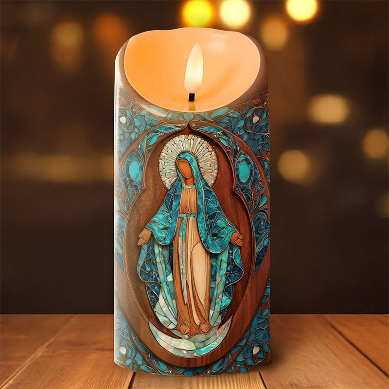 Personalized Sanctuary Marian Blue Virgin Mary Flameless LED Candle with Name Catholic Gift Religious Decor Prayer Faith Gift