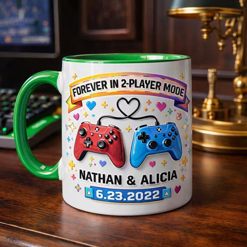 Personalized Gamer Player Two Couple Coffee Mug Gaming Controller Mug with Names and Date for Geek Lover