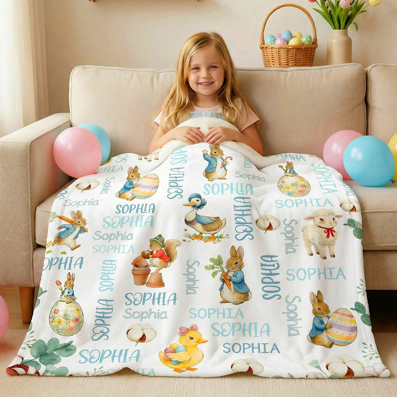 Personalized Cute Easter Rabbit Bunny Soft Throw Blanket with Name Back to School Birthday Easter Gift for Kids