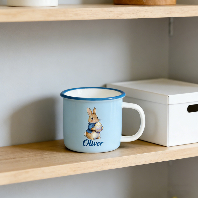 Personalized Cute Easter Egg Rabbit Bunny Enamel Mug with Name Back to School Birthday Easter Gift for Kids