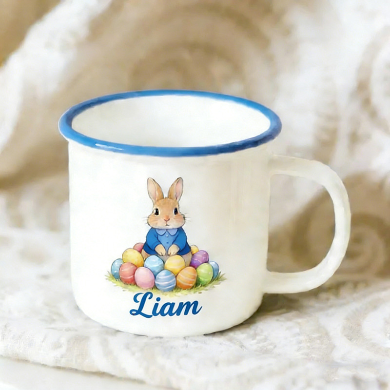 Personalized Cute Easter Egg and Rabbit Bunny Enamel Mug with Name Back to School Birthday Easter Gift for Kids