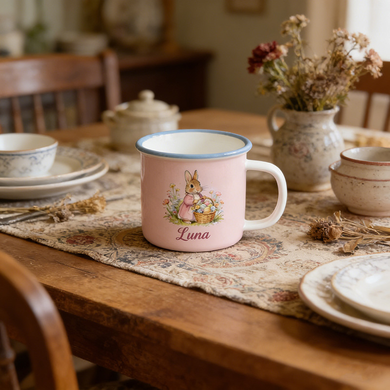 Personalized Cute Garden Easter Rabbit Bunny Enamel Mug with Name Back to School Birthday Easter Gift for Kids