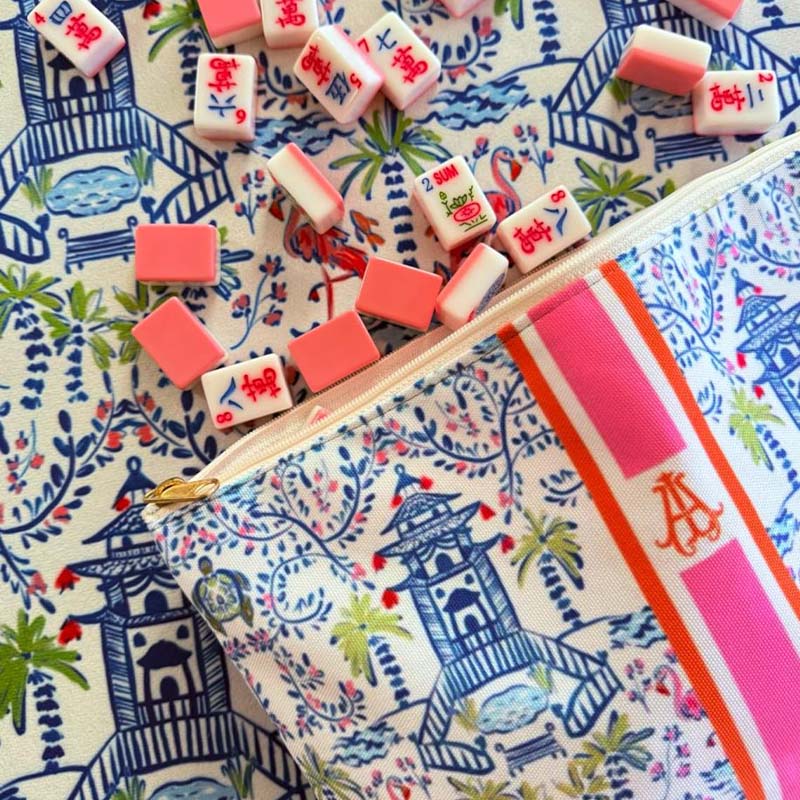 Monogrammed Mahjong Tile Bag Chinoiserie Travel Pouch Pagoda Print