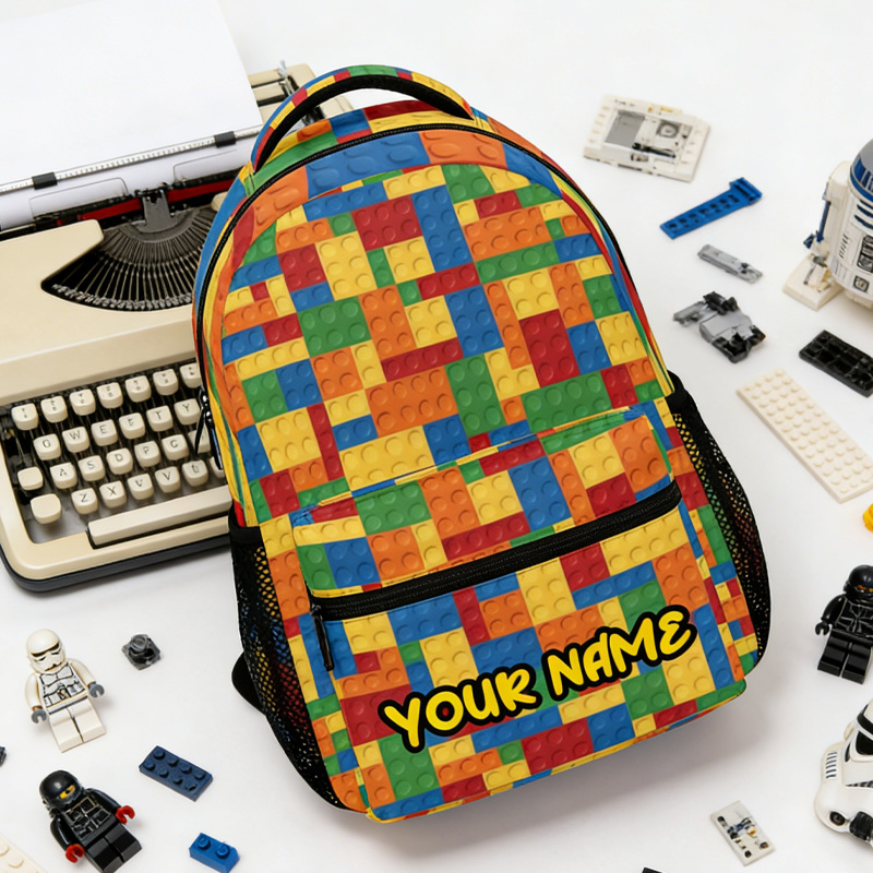 Personalized Building Blocks Backpack with Custom Name Kids School Bag for Geek Lover