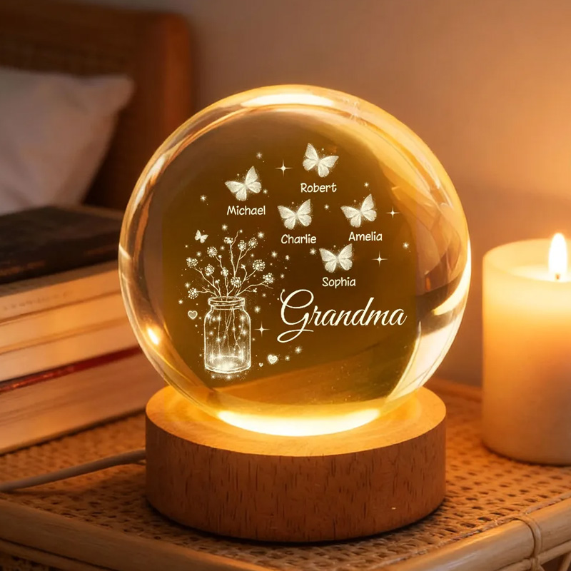 Personalized Grandma Butterfly Flower Jar Crystal Ball LED Night Light Birthday Mother's Day Gift for Grandma