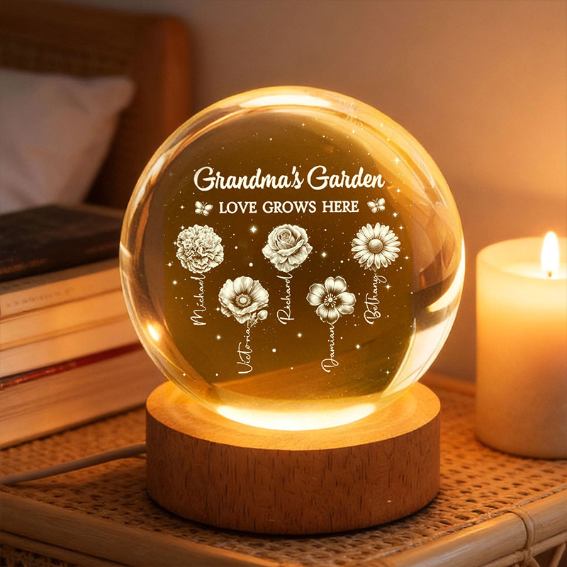 Personalized Grandma's Garden 3D Effect Birth Month Flowers Crystal Ball LED Night Light Birthday Mother's Day Gift for Grandma
