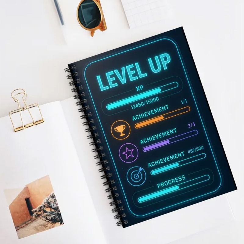 Personalized Gamer XP Tracker Spiral Notebook Gaming Design Productivity Log for Geek Lover
