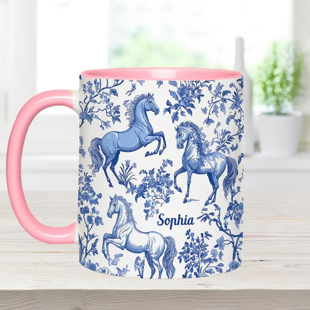 Personalized Multicolor Equestrianism Pattern Ceramic Coffee Mug with Text and Coaster Anniversary Birthday Gift for Equestrians Cowgirls Riding Lovers