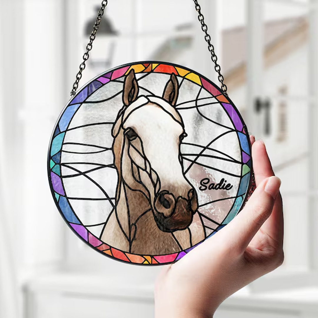 Personalized Stained Glass Horse Photo Suncatcher Ornament with Name Window Balcony Hanging Decor Birthday Gift for Horse Riding Lovers