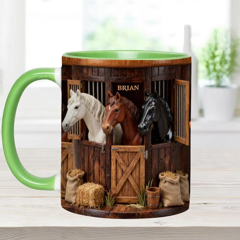 Personalized Horse Farm Accent Mug Horses In Stable Ceramic Cup Gift for Equestrian Horse Riding Lovers
