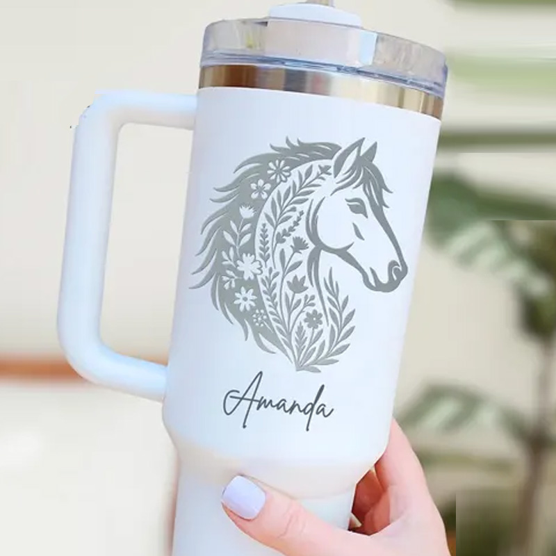 Personalized Floral Horse Tumbler Western Cowgirl Cup with Handle Custom Equestrian Gift for Riding Love