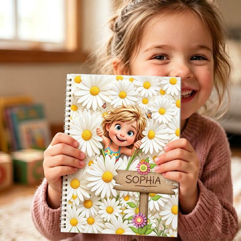 Personalized Cute Cartoon Girl Birth Flower Custom Name Notebook for Children
