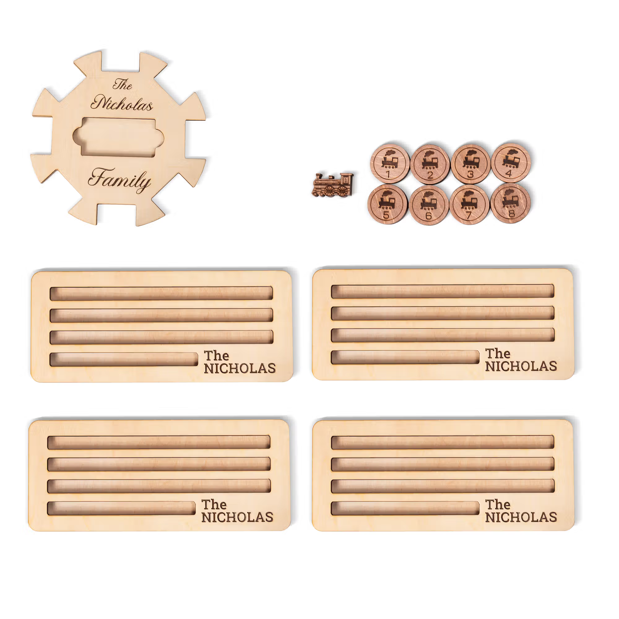 Custom Wooden Mexican Train Domino Hub & Holder - Engraved Basswood Set 11 or 15 Holder, Gift for Family