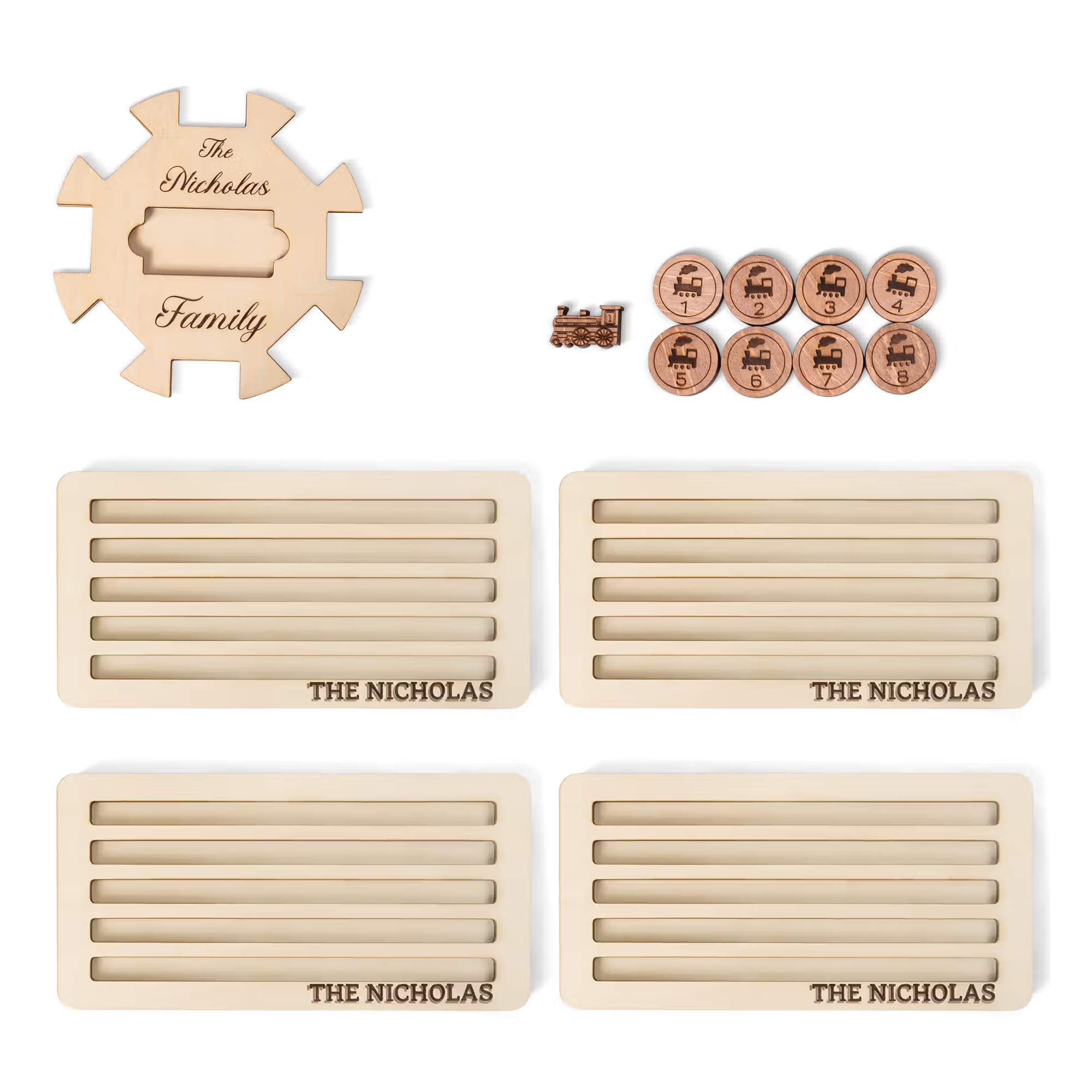 Custom Wooden Mexican Train Domino Hub & Holder - Engraved Basswood Set 11 or 15 Holder, Gift for Family