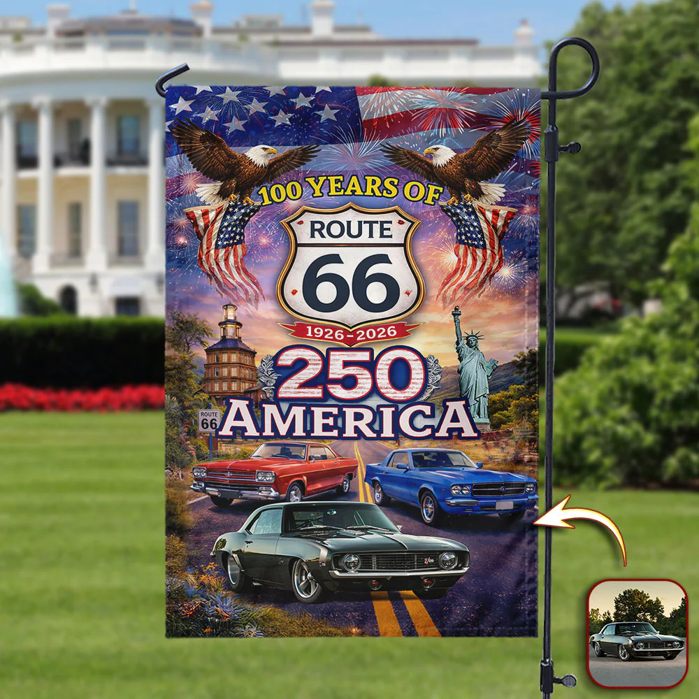 Personalized 100 Years Of Route 66 Garden Flag 250 America Classic Car Patriotic Flag Yard Banner For Outdoor Decor