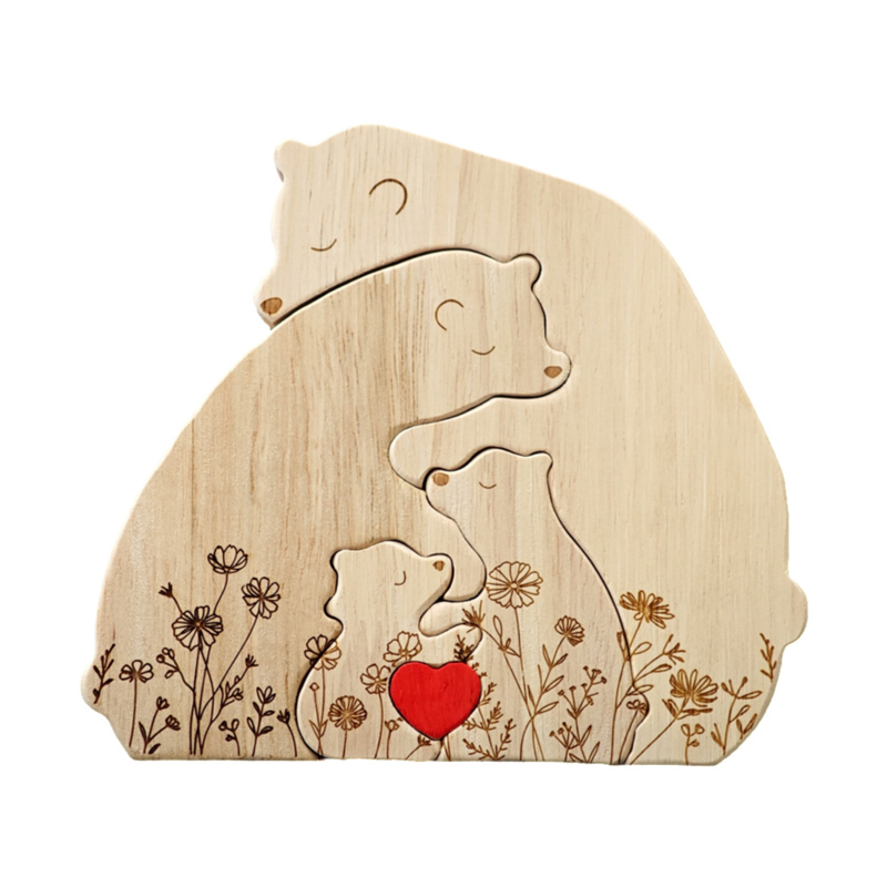 Personalized Wooden Bear Family Puzzle Hugging Bear Family Floral Version Engraved Oak Wood Keepsake with Name Gift for Family