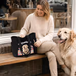 Personalized Birth Flower Pet Photo Large Capacity Corduroy Tote Bag with Name Multi-Compartment Travel Essential Birthday Gift for Women Pet Lovers