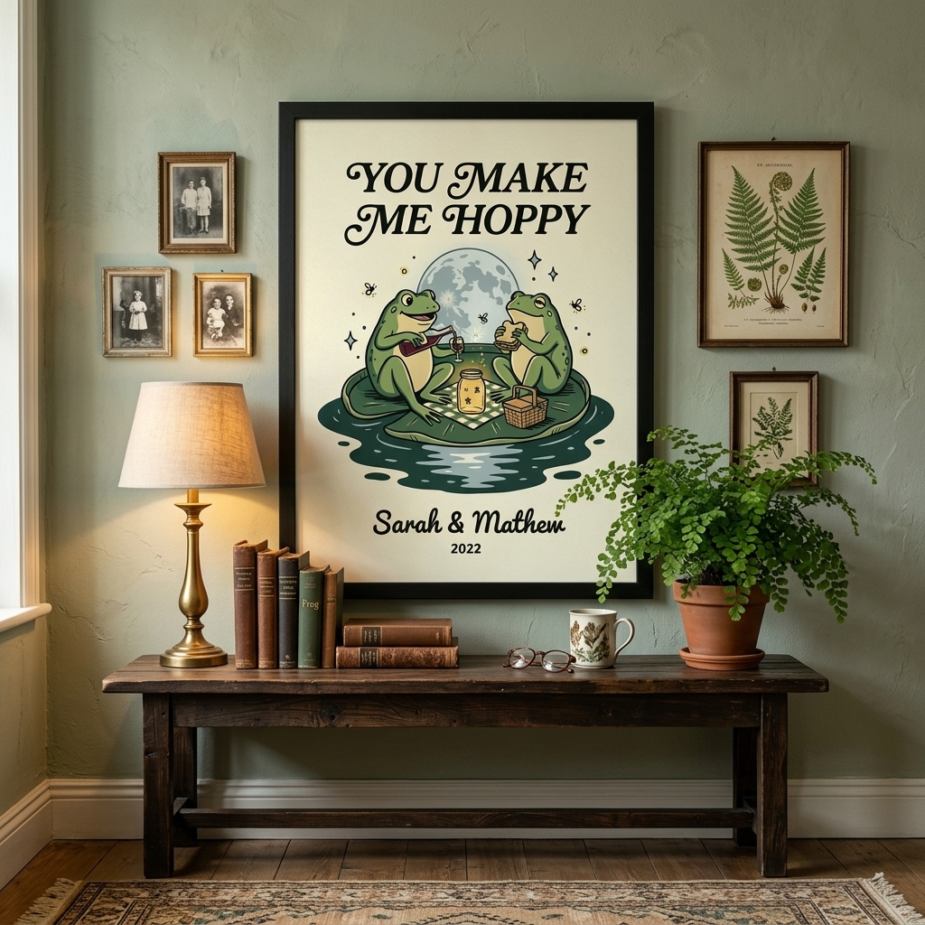 Personalized You Make Me Hoppy Frog Couple Wall Art Couple Canvas Frog Print Poster Romantic Love You Longer Wall Decor Anniversary  Gift Couple Frog Home Decor