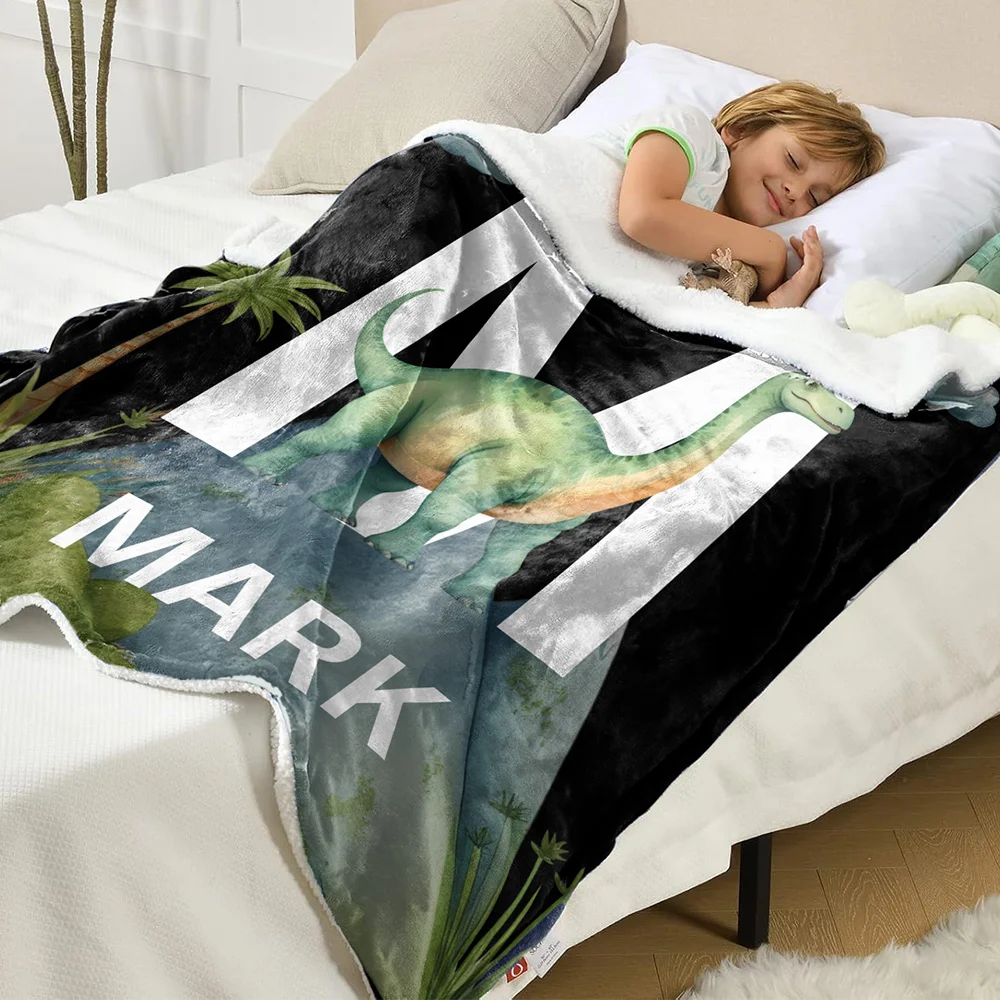Personalized Cute Dinosaur Soft Throw Blanket with Initial Name Birthday Home Decor Gift for Kids