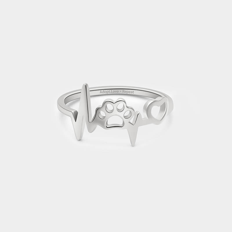 Personalized Custom Engraved Paw Print Heartbeat Ring 925 Sterling Silver or Gold Plated Personalized Inside Text Animal Jewelry Gift for Pet Lover 925 Sterling Silver