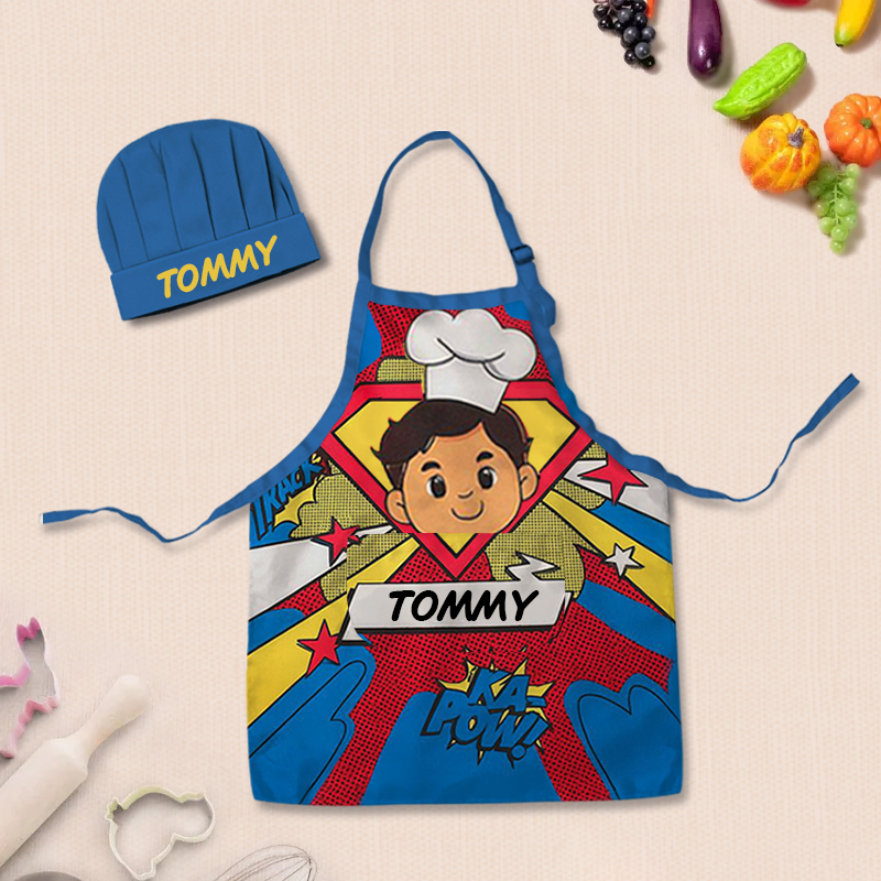 Personalized Comic Style Adjustable Apron Chef Hat Set with Pocket and Name for Cooking Birthday Holiday Gift for Kids