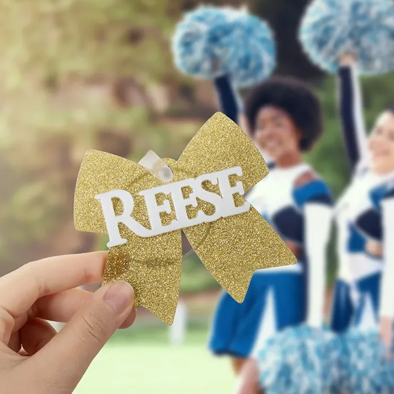 Personalized Cheerleading Glitter Bow Keychains with Custom Name Design