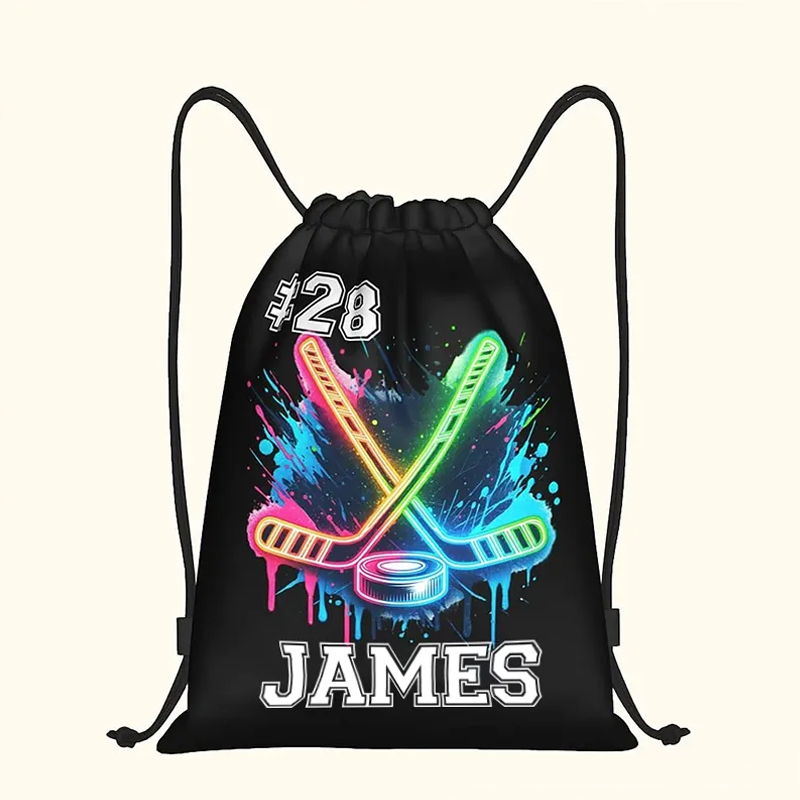 Personalized Ice Hockey Drawstring Bag Custom Name and Number with Neon Stick Design