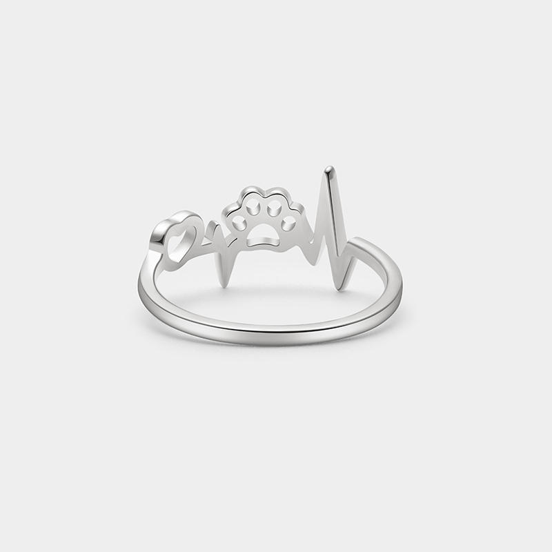 Personalized Custom Engraved Paw Print Heartbeat Ring 925 Sterling Silver or Gold Plated Personalized Inside Text Animal Jewelry Gift for Pet Lover 925 Sterling Silver