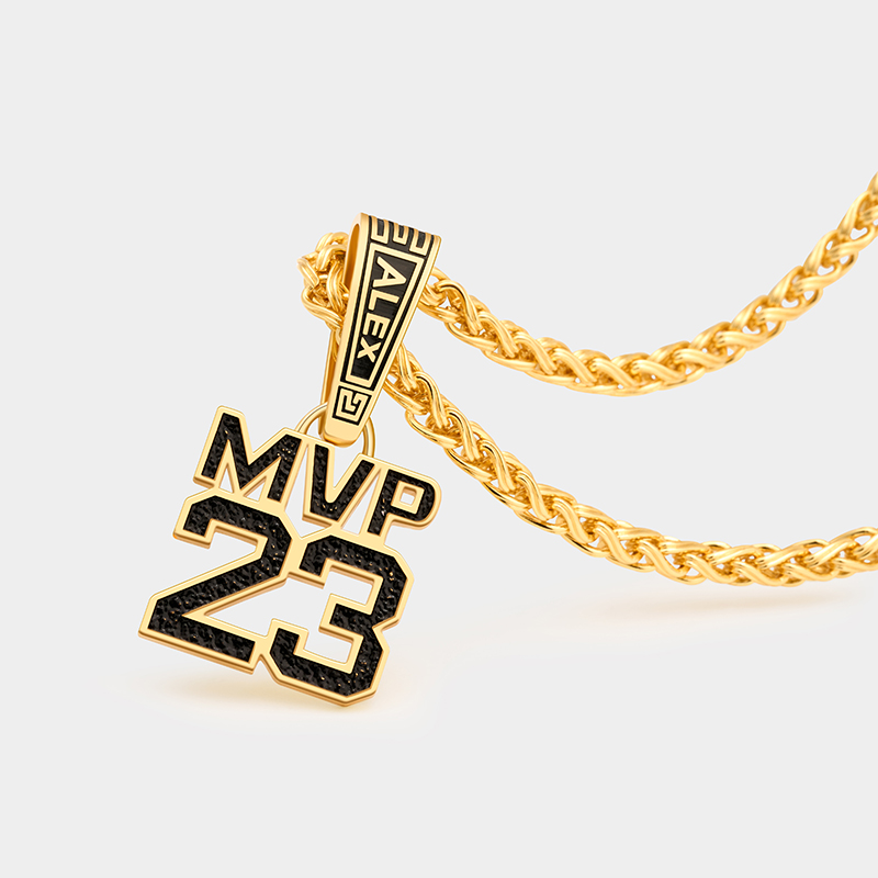 Custom Name and MVP Number Pendant Necklace – Personalized Sports-Themed Jewelry with Bold Chain Design