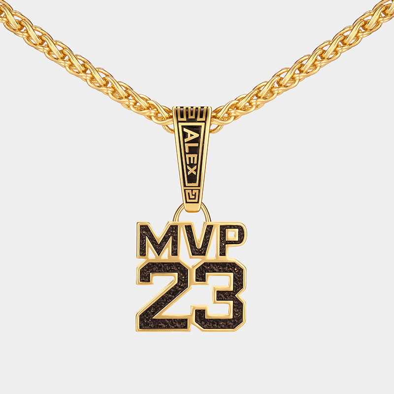 Custom Name and MVP Number Pendant Necklace – Personalized Sports-Themed Jewelry with Bold Chain Design