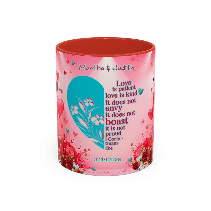 Personalized Love is Patient 11oz Ceramic Mug with Custom Names and Date Valentines Day Coffee Mug 1 Corinthians 13:4 Bible Verse Cup Wedding Gift