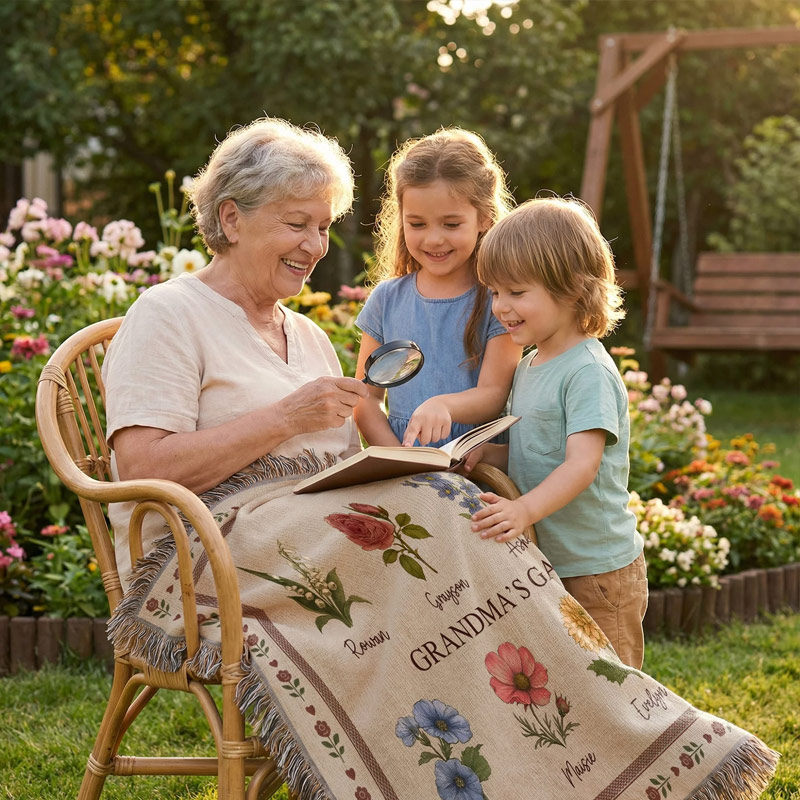 Personalized Retro Birth Flower Grandma's Garden Tassel Soft Throw Blanket with Names and Title Mother's Day Birthday Gift for Grandma Family