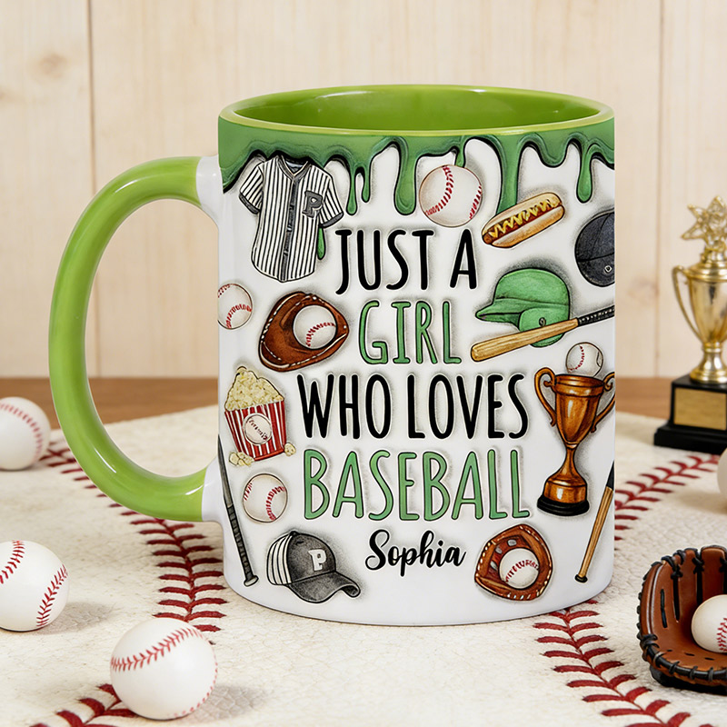 Personalized Baseball Lover’s Mug with "Just a Girl Who Loves Baseball" Design and Custom Name