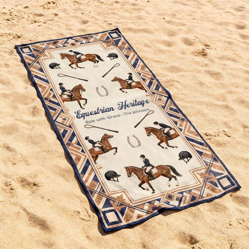 Personalized Elegant Equestrian Beach Towel Equestrian Heritage Custom Name Gift for Traditional Equestrian Enthusiasts