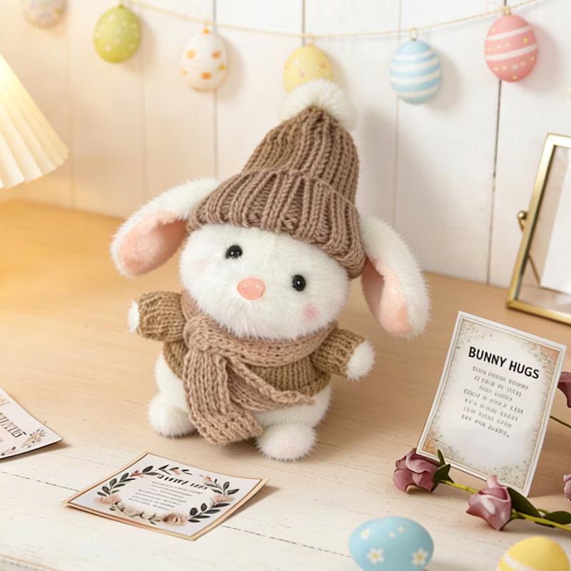 Mini Plush Bunny with Knitted Hat Mini Bunny Easter Gift Box Handmade Crochet Rabbit Plush Easter Gift