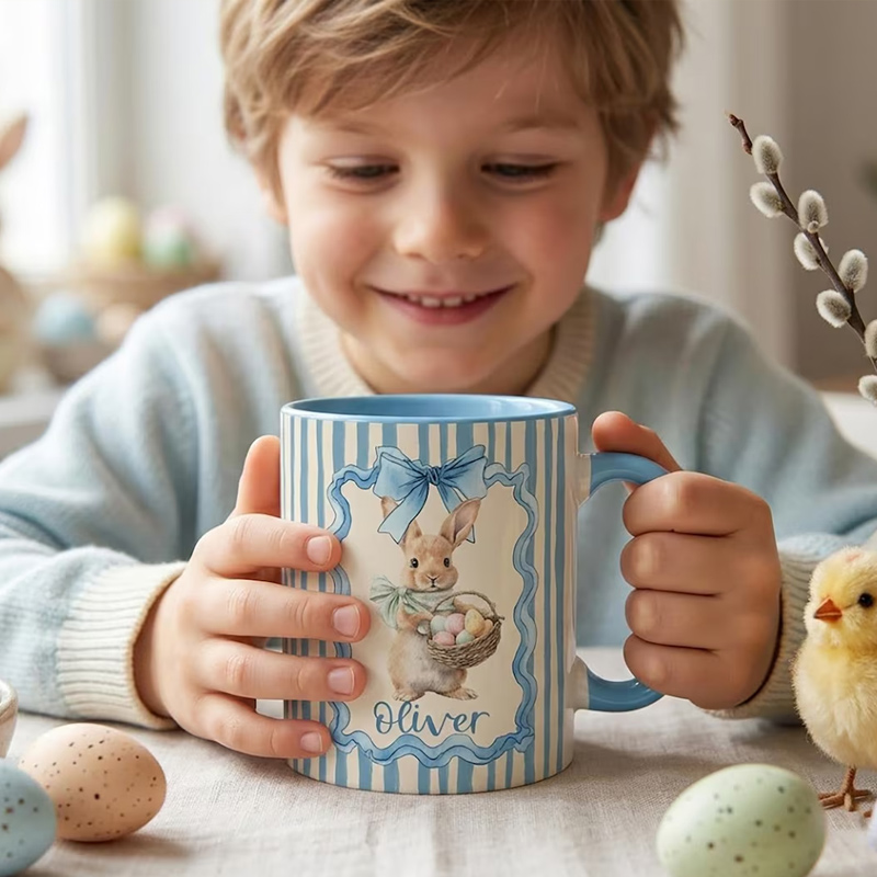 Personalized Cute Easter Egg Bunny 11 oz Accent Mug Custom Name Accent Mug Kids Spring Gift