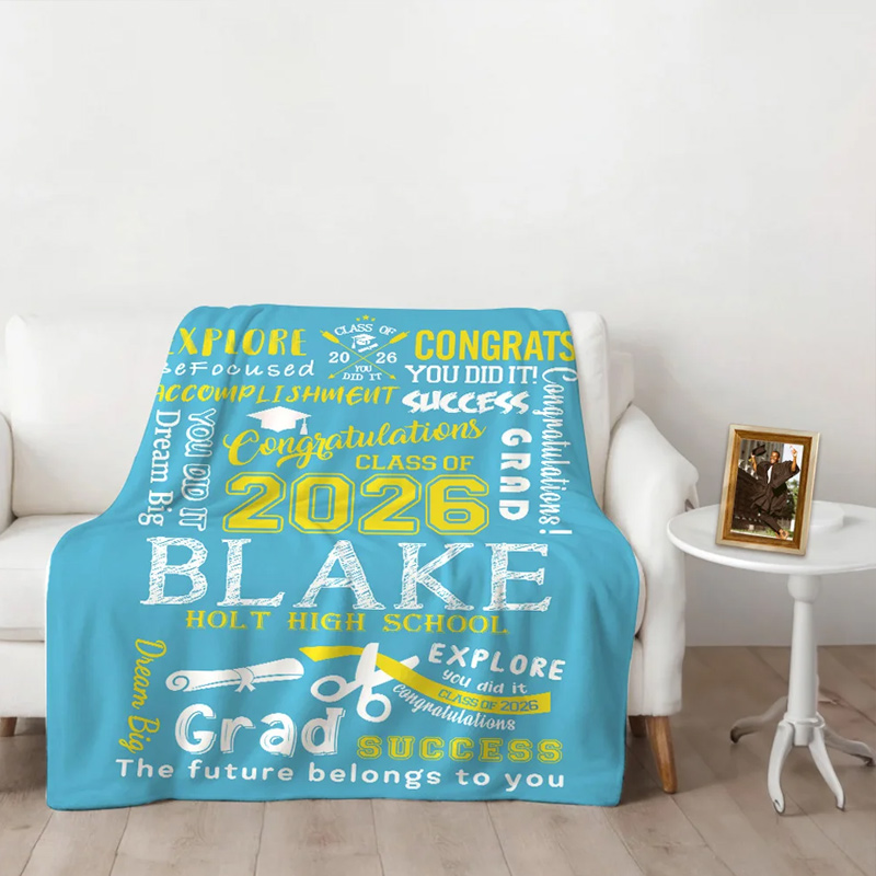 Personalized Graduation Inspiration Multicolor Soft Fleece Name Blanket with Year and School Name Class of 2026 Graduation Gift for Graduate