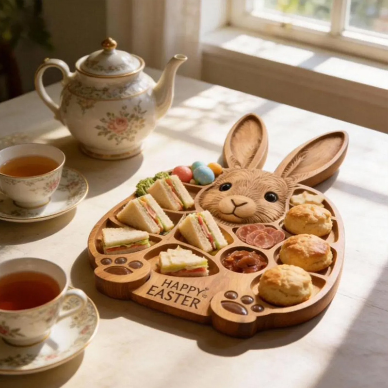 Easter Bunny Wooden Charcuterie Board Cute Rabbit-Shaped Serving Tray with Compartments Handmade Rabbit Serving Tray Easter Gift