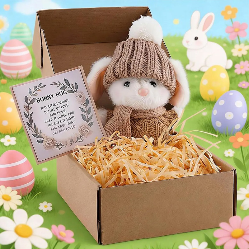 Mini Plush Bunny with Knitted Hat Mini Bunny Easter Gift Box Handmade Crochet Rabbit Plush Easter Gift