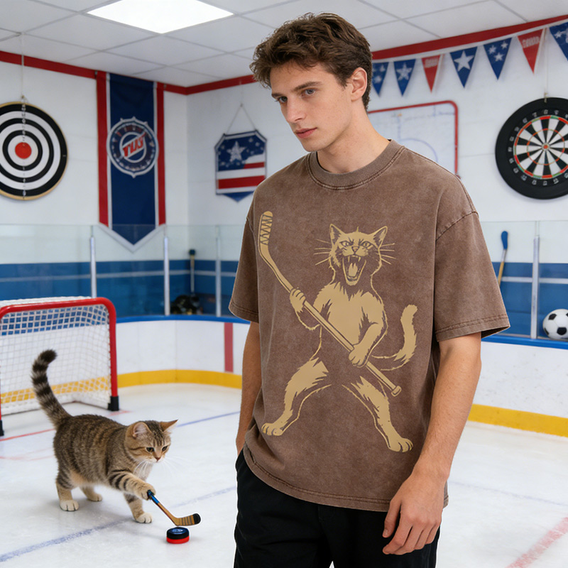 Personalized Cat Hockey Stick Washed T-Shirt Cat Playing Ice Hockey Gift for Hockey Lovers