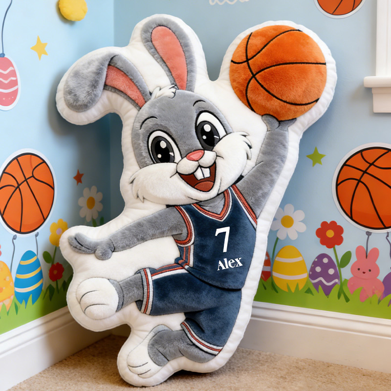 Personalized Basketball Bunny Pillow Easter Bunny Basketball Playing Rabbit with Custom Name and Number