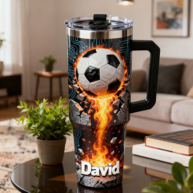 Personalized Soccer Tumbler with Custom Name and Flaming Ball Design for Fans and Athletes