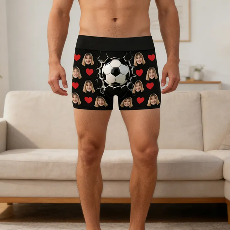 Personalized Funny Soccer Boxer Shorts with Custom Photo and Heart Patterns Valentine's Day Gift for Men