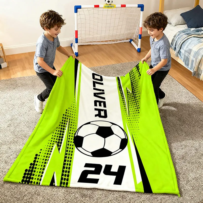 Personalized Soccer Blanket with Custom Name and Jersey Number for Soccer Fans. 