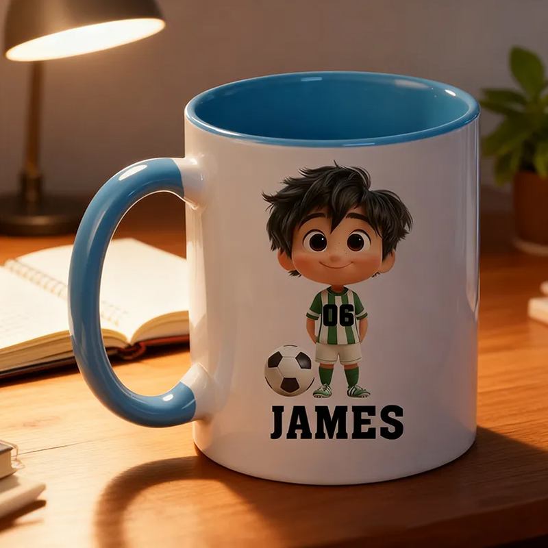 Personalized Soccer Mug with Custom Name and Cartoon Character Design