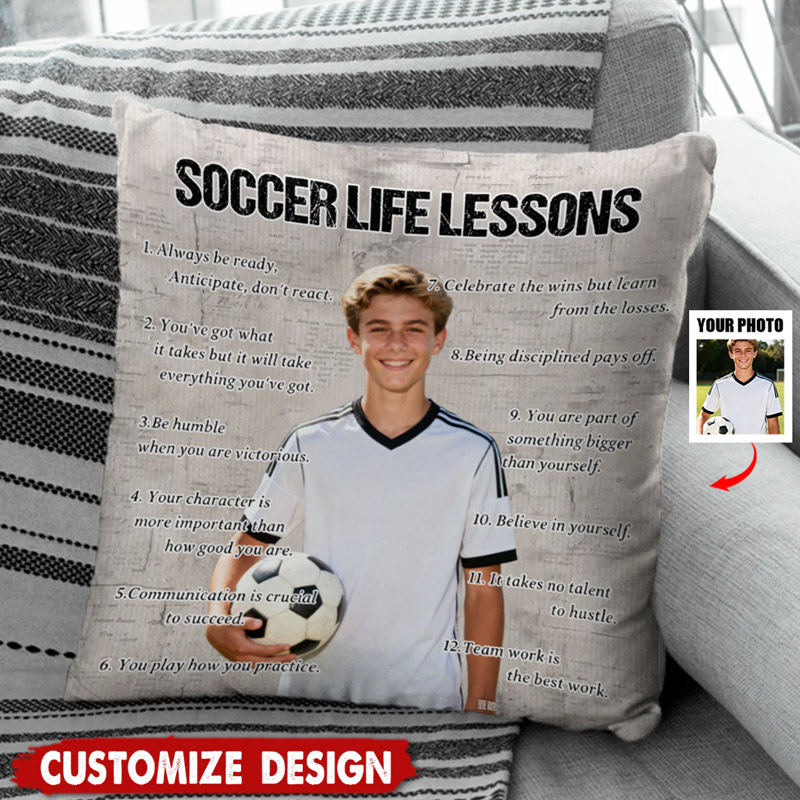 Personalized Soccer Life Lessons Pillow with Custom Photo and Inspirational Quotes