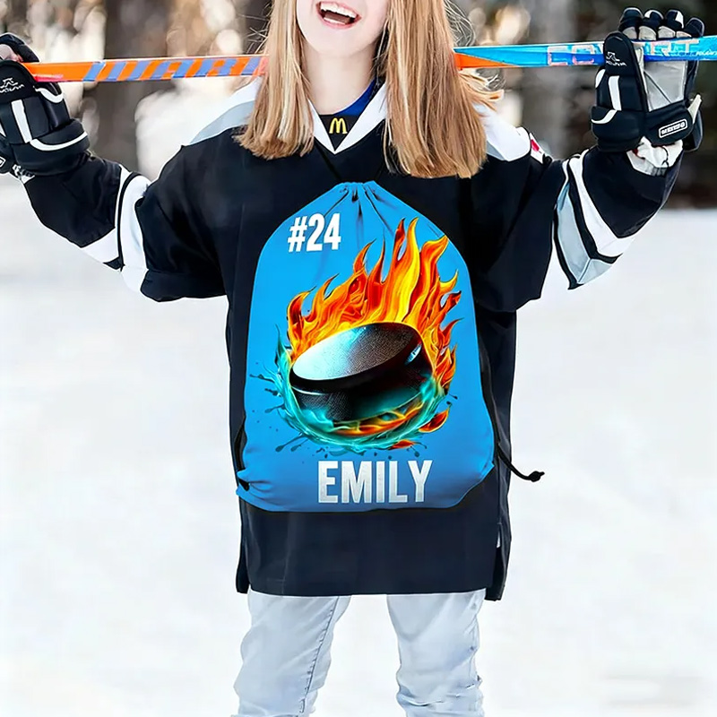 Personalized Sports Drawstring Bag with Flaming Basketball Soccer Volleyball and Baseball Designs Custom Name and Number Backpack