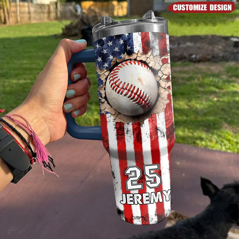 Personalized Baseball Tumbler with Custom Name, Number, and American Flag Design
