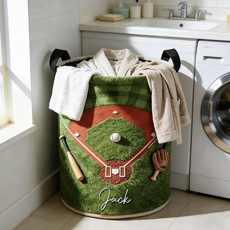 Personalized Baseball Laundry Basket with Custom Name and Field Design