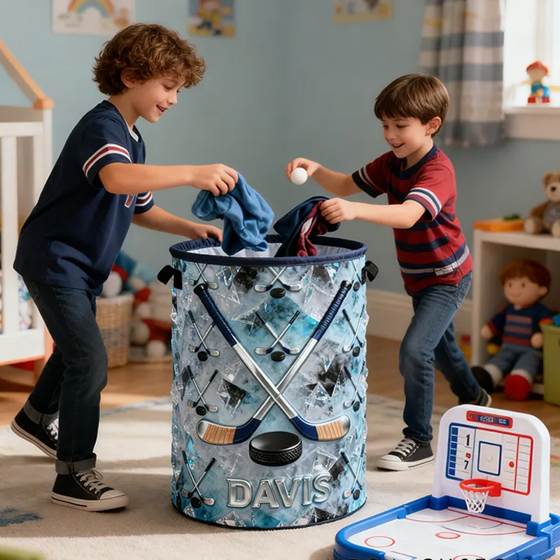 Personalized Ice Hockey Storage Basket with Custom Name and Crossed Sticks Design for Fans and Athletes